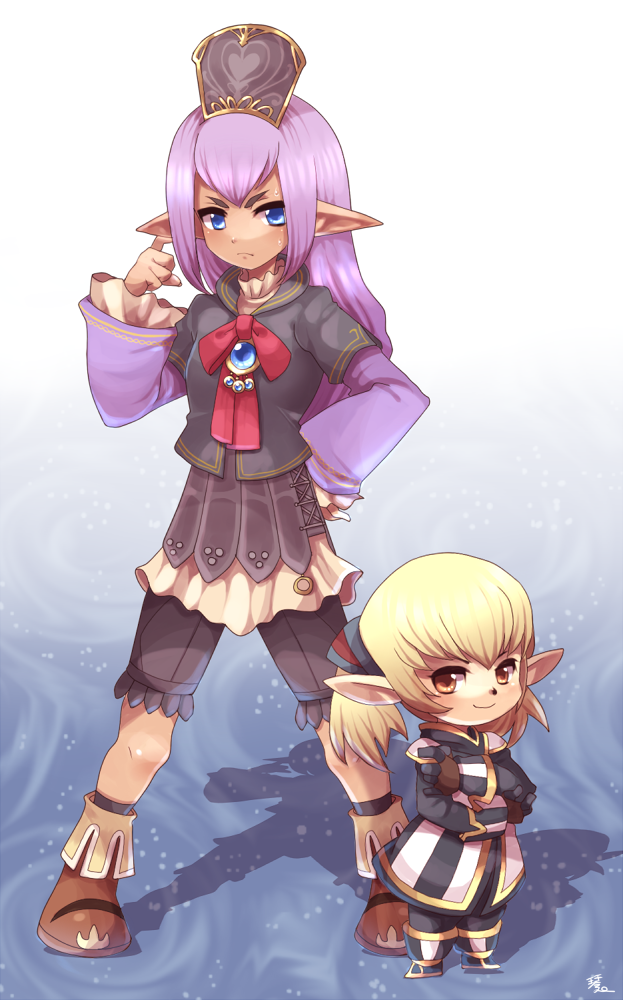 00s 2girls blonde_hair blue_eyes bow brown_eyes dissidia_012_final_fantasy dissidia_final_fantasy final_fantasy final_fantasy_xi hair_ornament jewelry kotorai multiple_girls pendant pointy_ears prishe purple_hair shantotto sweat twintails