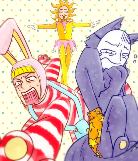 3boys blonde_hair facial_hair kedamono male_focus mask multiple_boys mustache papi popee_the_clown popee_the_performer running scared wolf