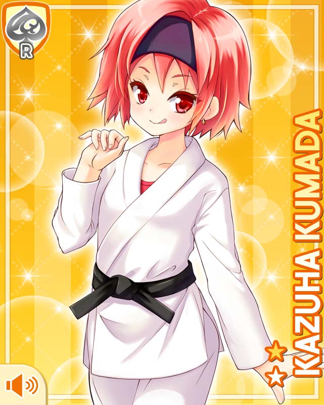 1girl belt black_belt card_(medium) character_name closed_mouth collarbone dougi earrings girlfriend_(kari) headband jewelry karate_gi kumada_kazuha looking_at_viewer martial_arts_belt matching_hair/eyes official_art purple_headband qp:flapper red_eyes red_hair red_shirt shirt short_hair smile tagme tongue tongue_out yellow_background