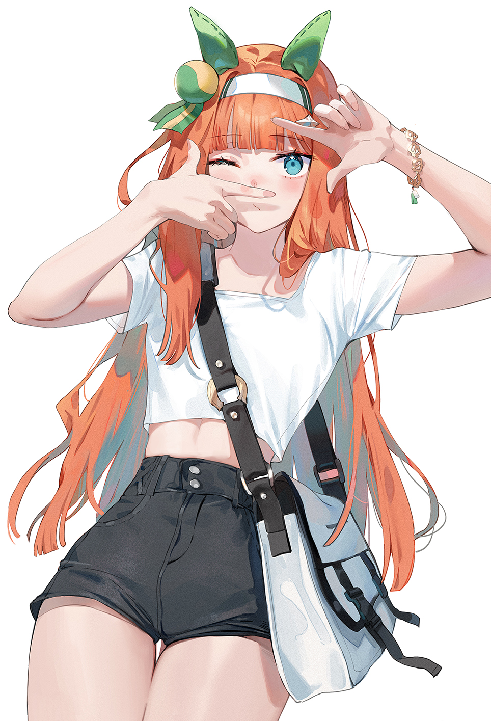 1girl animal_ears bag blue_eyes closed_mouth emyo hairband highres horse_ears horse_girl long_hair looking_at_viewer midriff one_eye_closed orange_hair shirt short_sleeves shoulder_bag silence_suzuka_(umamusume) simple_background smile solo umamusume white_background white_bag white_hairband white_shirt