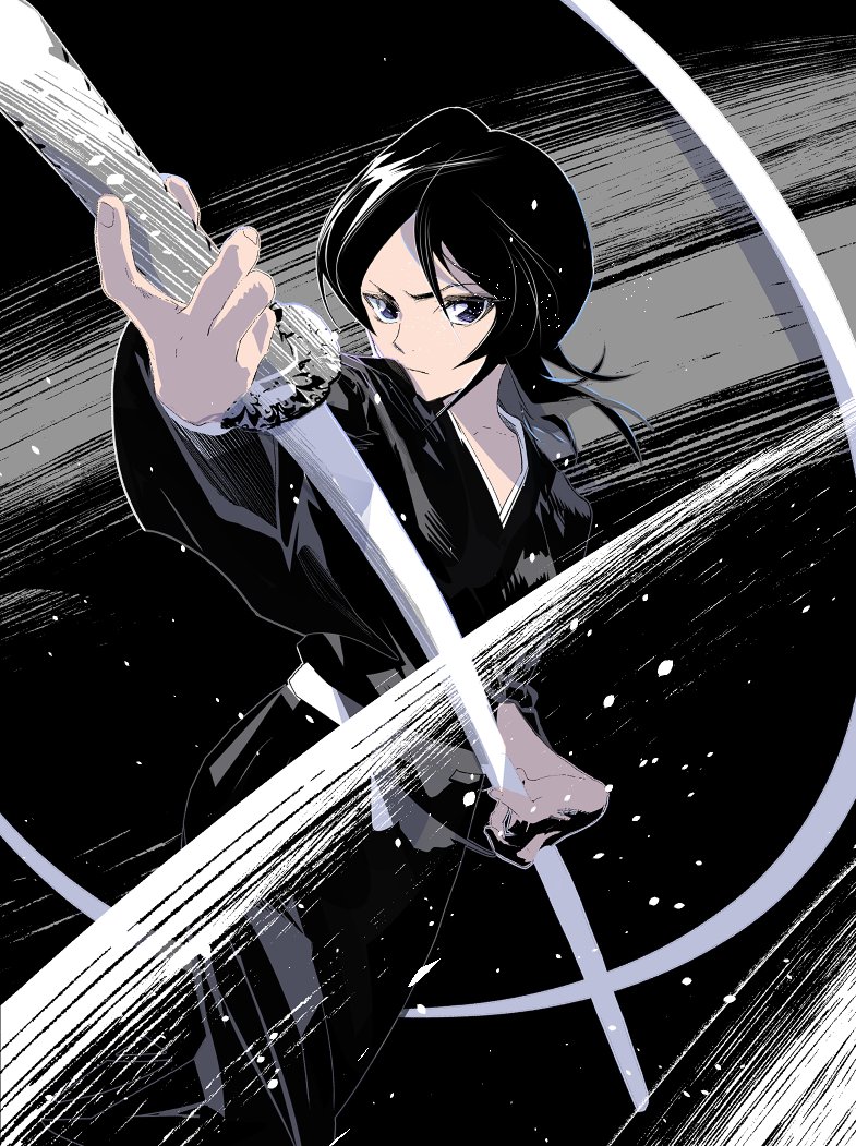 Cofffee Kuchiki Rukia Bleach Traditional Clothes 1girl Black Hair Holding Holding Weapon