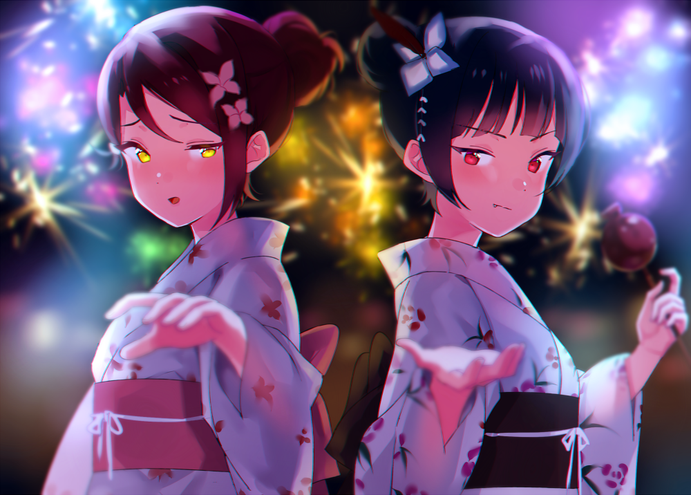 2girls :o alternate_hairstyle back_bow blue_flower blue_hair blurry bow candy_apple depth_of_field fang feather_hair_ornament feathers festival fireworks flower food hair_bun hair_flower hair_ornament hair_up holding holding_food japanese_clothes kimono looking_at_viewer love_live! love_live!_sunshine!! multiple_girls night obi outdoors outstretched_hand pink_flower red_eyes red_hair sakurauchi_riko sash sellel single_hair_bun tsushima_yoshiko upper_body v-shaped_eyebrows yellow_eyes