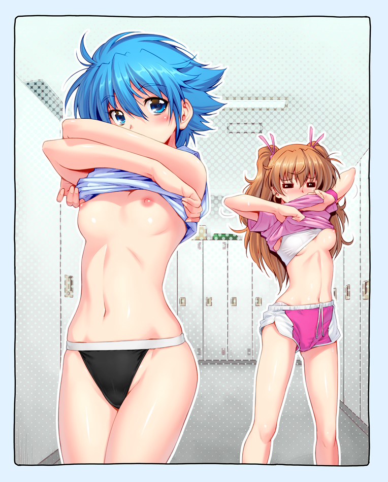 10s 2girls =_= blue_eyes blush bra bra_lift breasts brown_hair clothes_lift gym_shorts hair_ribbon houjou_hibiki kazuma_muramasa locker locker_room long_hair looking_at_viewer multiple_girls navel nipples nishijima_waon precure ribbon shirt_lift shorts small_breasts sports_bra sports_bra_lift suite_precure twintails two_side_up underwear undressing