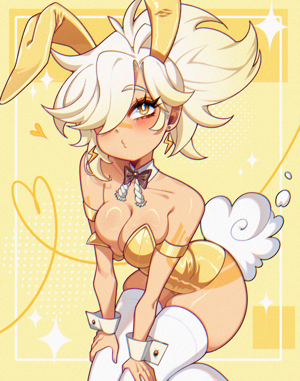 animal_ears armlet blonde_hair blowing_kiss blush bow bowtie breasts breasts_squeezed_together cleavage crystalsugarstars detached_collar earrings fake_animal_ears fake_tail floating_earring hair_over_one_eye hands_on_own_knees highres jewelry leaning_forward leotard lightning_bolt_earrings lightning_bolt_symbol medium_breasts original playboy_bunny rabbit_ears rabbit_tail shiny_skin skindentation strapless tail thighhighs white_thighhighs wrist_cuffs yellow_background yellow_eyes