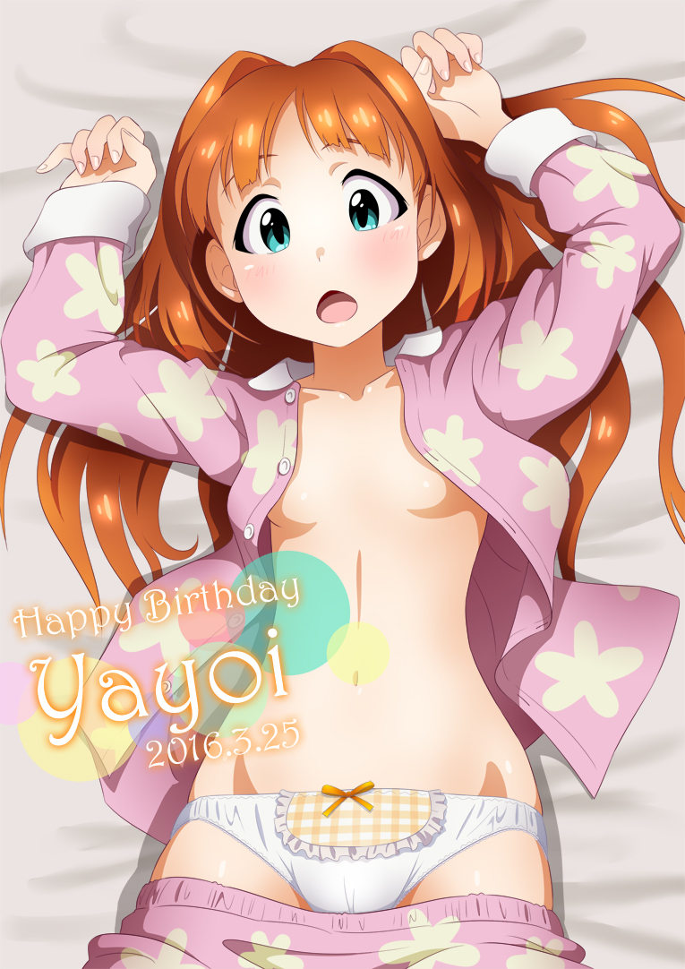 1girl aqua_eyes blush breasts female_focus groin hair_down happy_birthday idolmaster idolmaster_(classic) long_hair looking_at_viewer lying navel no_bra on_back open_clothes open_mouth open_shirt orange_hair pajamas panties partially_undressed ribbon shirt small_breasts solo sunsun69 takatsuki_yayoi underwear white_panties