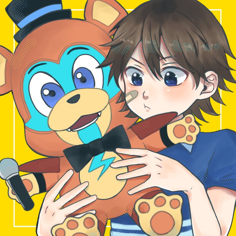 freddy fazbear, glamrock freddy, gregory (fnaf), five nights at  freddy's, five nights at freddy's: security breach, 1boy,  bandaid, bandaid on cheek, bandaid on face, blue shirt, bow, bowtie, brown  hair, character doll