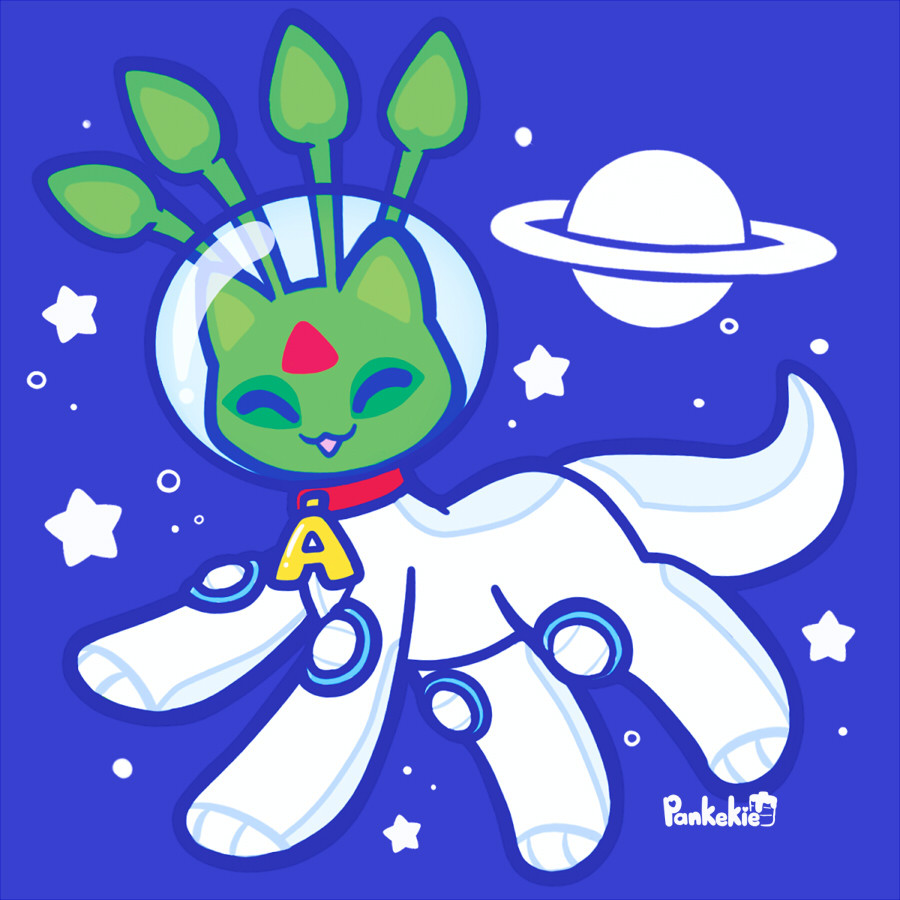 aisha_(neopets) alien alien_aisha animal_focus antennae blue_background closed_eyes collar commentary creature english_commentary full_body helmet neopet_(creature) neopets no_humans open_mouth pankekie planet simple_background smile space_helmet spacesuit