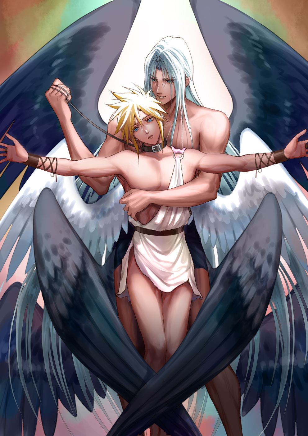 2boys absurdly_long_hair angel angel_wings arm_around_waist bare_pectorals bare_shoulders belt belt_buckle belt_collar black_belt black_wings blonde_hair blue_eyes buckle cloud_strife collar collarbone commentary commission eilinna english_commentary feathered_wings feet_out_of_frame final_fantasy final_fantasy_vii green_eyes hair_behind_ear head_tilt highres leash leash_pull long_hair looking_ahead male_focus multiple_boys o-ring outstretched_arms pectorals sephiroth smile spiked_hair toga topless_male very_long_hair white_hair wings yaoi