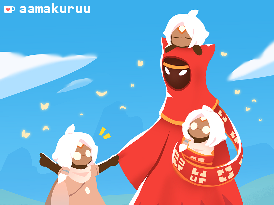 4others aamakuruu blue_sky bug butterfly cloak cloud hood hooded_cloak insect journey multiple_others o_o pointing red_scarf robe scarf sky sky:_children_of_the_light sky_child traveler_(journey) watermark white_hair