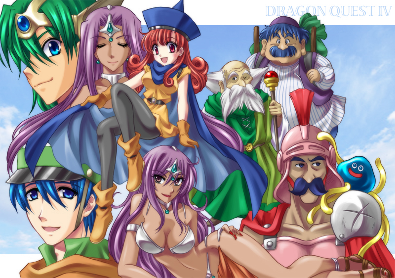 3girls 5boys alena_(dq4) armor bikini breasts brey cape chunsoft circlet cleavage clift dancer&#039;s_costume_(dq) dark_skin dragon_quest dragon_quest_iv dress enix everyone closed_eyes facial_hair fu-ka fuuka_(toy_jump) gloves green_hair hat helmet hero_(dq4) healslime hoimin jewelry large_breasts long_hair manya_(dq4) minea_(dq4) multiple_boys multiple_girls mustache necklace open_mouth pantyhose purple_eyes purple_hair red_eyes red_hair robe ryan_(dq4) siblings sisters smile staff swimsuit torneko torneko_taloon