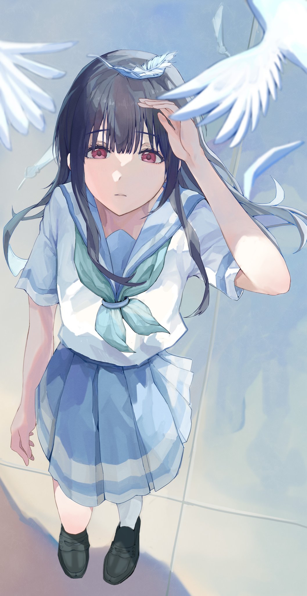 1girl aqua_neckerchief bird black_footwear black_hair blacky1266859 blue_sailor_collar blue_skirt commentary falling_feathers feathers hibike!_euphonium highres liz_to_aoi_tori loafers long_hair looking_at_viewer neckerchief parted_lips pleated_skirt red_eyes sailor_collar school_uniform serafuku shirt shoes short_sleeves sidelocks skirt solo white_shirt yoroizuka_mizore