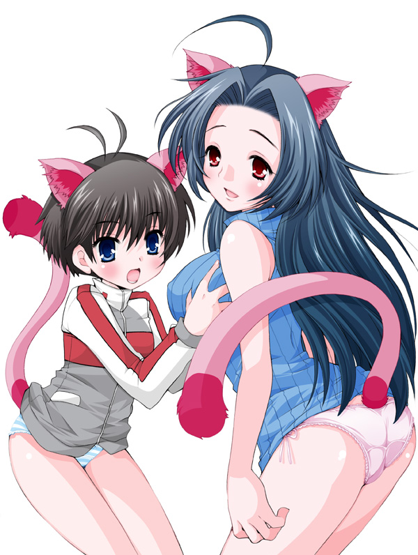 00s 2girls ahoge animal_ears antenna_hair ass bad_id bad_pixiv_id blue_eyes blue_hair blush breasts brown_hair flat_chest grabbing_another&#039;s_breast groping idolmaster idolmaster_(classic) kikuchi_makoto koari large_breasts long_hair miura_azusa multiple_girls no_pants panties raglan_sleeves red_eyes short_hair side-tie_panties sleeveless sleeveless_turtleneck small_breasts striped_clothes striped_panties sweater tail turtleneck underwear