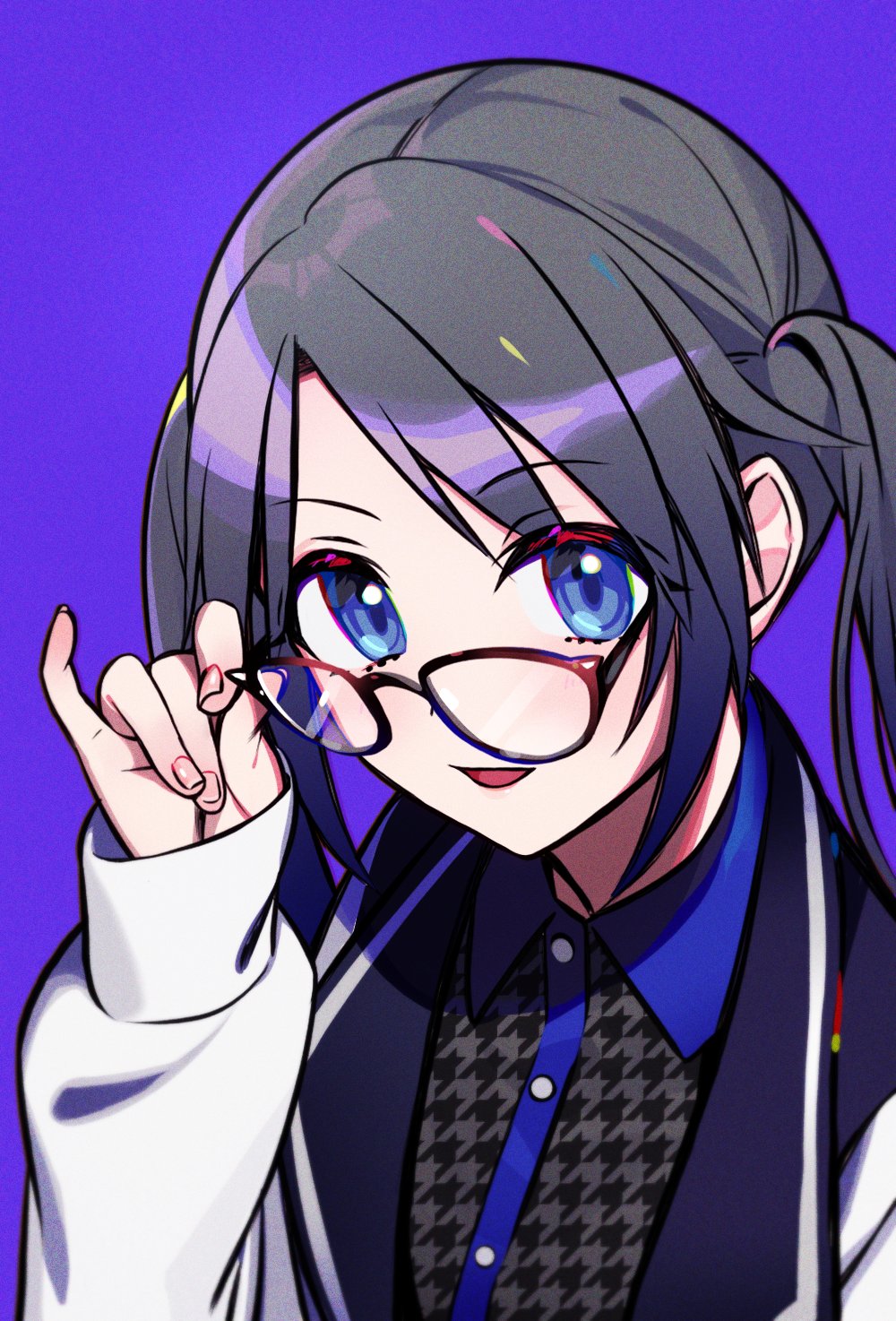 1girl black-framed_eyewear black_hair black_shirt blue_collar blue_eyes buttons collar commentary unworn_eyewear glasses hand_up highres holding holding_removed_eyewear idolmaster idolmaster_shiny_colors jacket light_blush long_hair long_sleeves looking_at_viewer mitsumine_yuika parted_lips purple_background removing_eyewear shirt solo twintails upper_body white_sleeves yuura