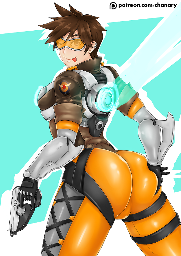 1girl ;p ass ass_grab blush bodysuit breasts brown_hair chanary deep_skin female_focus from_behind gloves goggles green_eyes gun jacket looking_at_viewer one_eye_closed overwatch overwatch_1 patreon piercing shiny_clothes short_hair skin_tight smile solo spiked_hair tongue tongue_out tracer_(overwatch) weapon wink