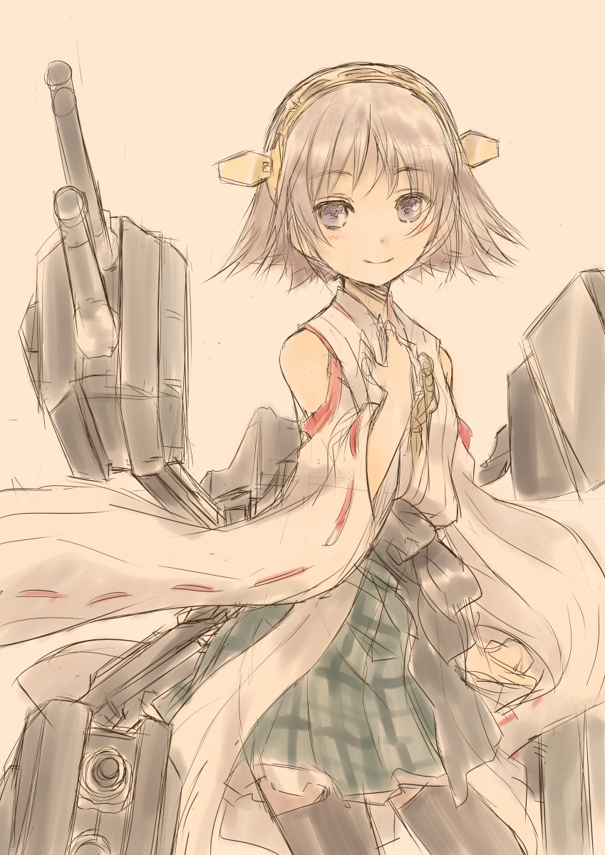 10s bare_shoulders black_thighhighs blue_eyes brown_hair detached_sleeves fujieda_miyabi hairband hiei_(kancolle) highres japanese_clothes kantai_collection looking_at_viewer multiple_girls open_mouth short_hair sketch skirt smile solo thighhighs