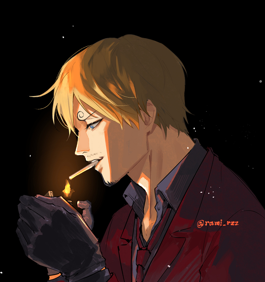 1boy black_background black_gloves black_shirt blonde_hair blue_eyes cigarette collared_shirt curly_eyebrows facial_hair from_side gloves goatee holding holding_lighter jacket lighter male_focus necktie one_piece rami_rz red_jacket red_necktie sanji_(one_piece) shirt smoking solo