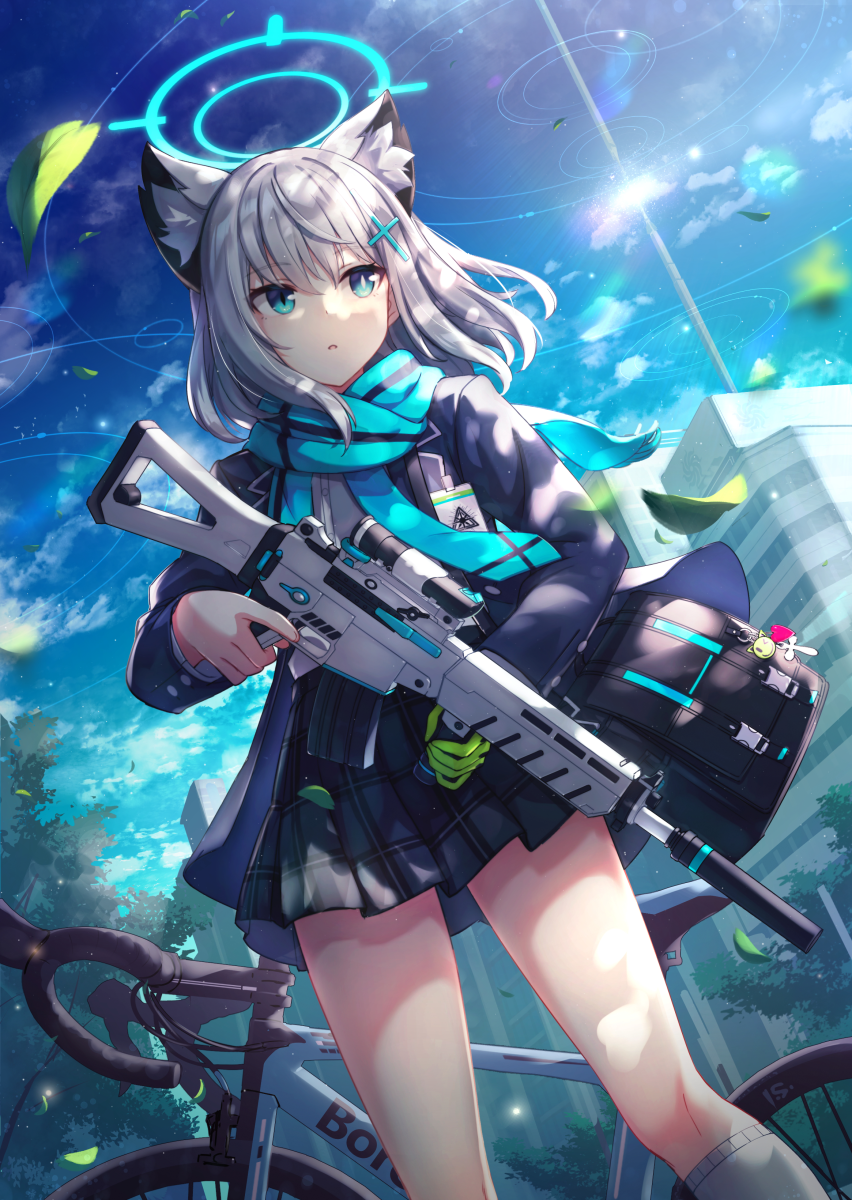 1girl animal_ears assault_rifle bag bicycle blue_archive blue_eyes building cloud commentary_request grey_hair gun hair_ornament hairclip halo highres medium_hair nogi_lief outdoors revision rifle scarf school_uniform shiroko_(blue_archive) sig_sauer sig_sauer_556 sky solo tree trigger_discipline weapon wolf_ears