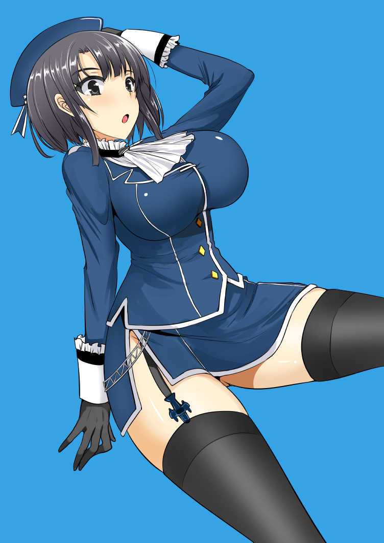 10s 1girl ascot beret black_gloves black_hair black_thighhighs blue_background blush breasts dutch_angle female_focus garter_straps gloves hat jacket kantai_collection large_breasts military military_jacket military_uniform open_mouth pencil_skirt personification red_eyes shijou_sadafumi short_hair simple_background skirt smile solo takao_(kancolle) thighhighs white_ascot