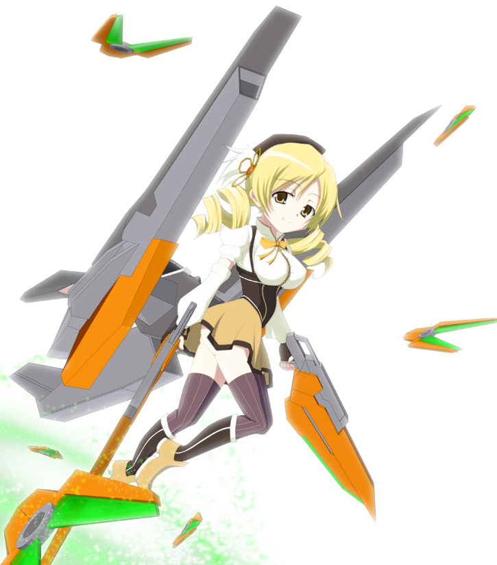 00s 10s 1girl armor blonde_hair breasts crossover drill_hair female_focus flying gn_particles gun gundam gundam_00 gundam_00_a_wakening_of_the_trailblazer gundam_harute hair_ornament hairclip kalx looking_at_viewer mahou_shoujo_madoka_magica skirt smile solo soul_gem tomoe_mami twin_drills weapon white_background yellow_eyes