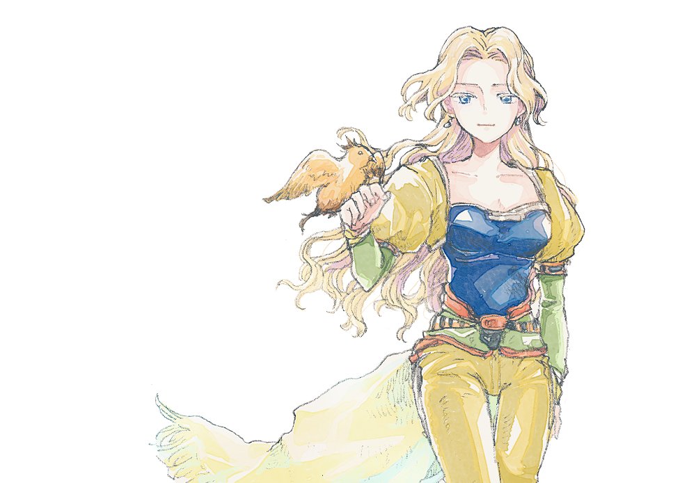 1girl bird bird_on_hand blonde_hair blue_eyes blue_shirt breasts celes_chere cleavage cowboy_shot earrings final_fantasy final_fantasy_vi jewelry juliet_sleeves light_smile long_hair long_sleeves medium_breasts michibata_65 pants parted_bangs puffy_sleeves shirt solo upper_body waist_cape wavy_hair white_background yellow_pants