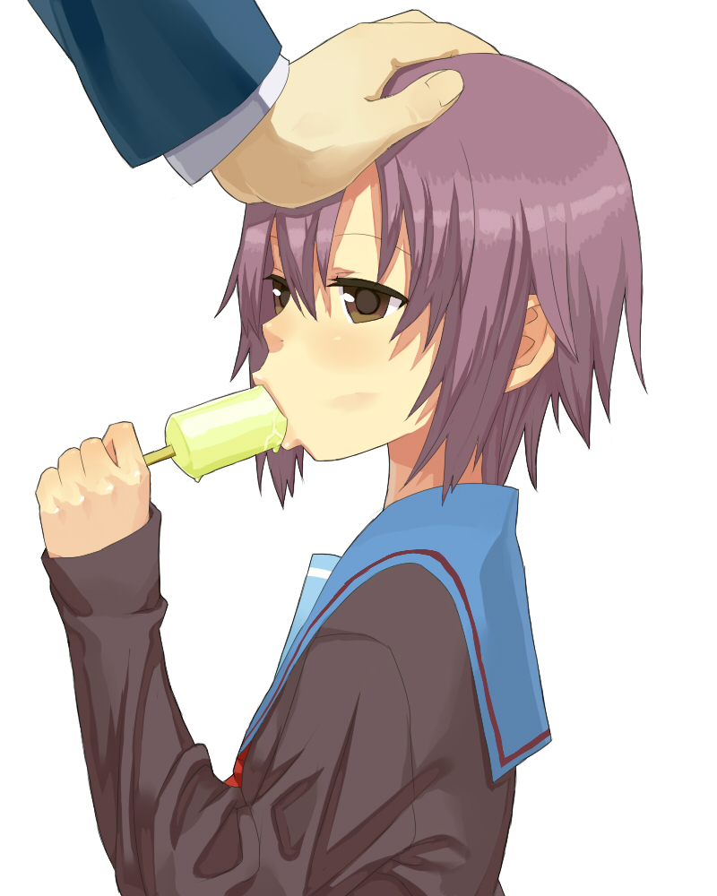 1girl brown_eyes brown_hair cardigan eating food hand_on_another&#039;s_head headpat koma_neko long_sleeves nagato_yuki popsicle purple_hair school_uniform serafuku sexually_suggestive short_hair simple_background solo_focus suzumiya_haruhi_no_yuuutsu white_background yellow_eyes