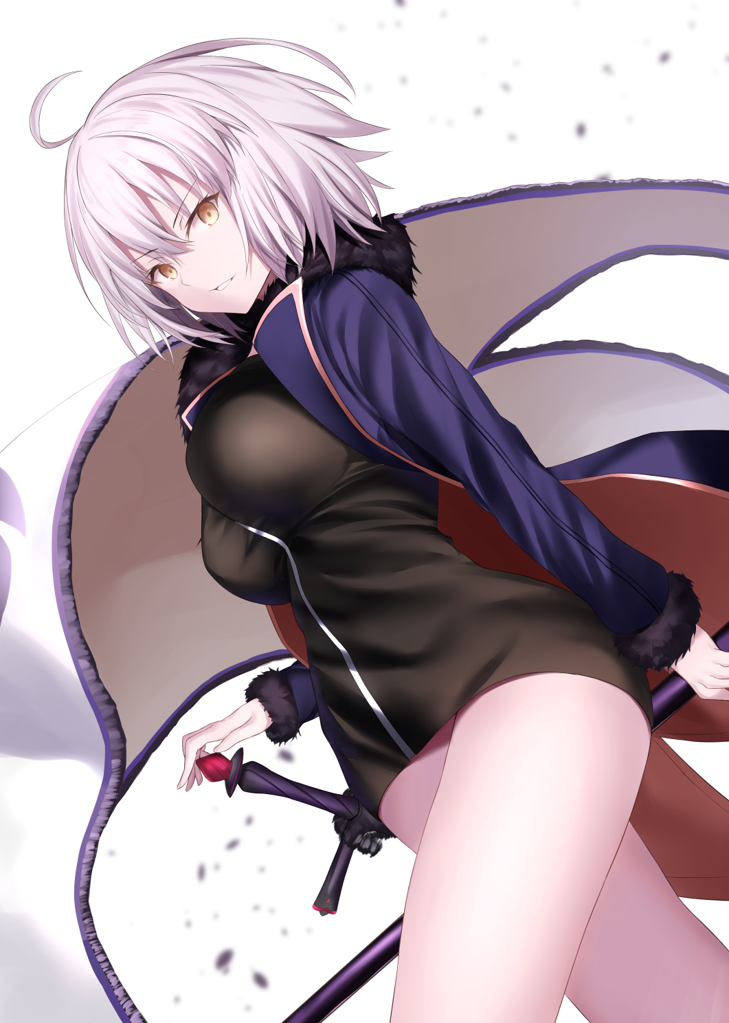 1girl ahoge black_dress breasts coat dress fate/grand_order fate_(series) flag fur-trimmed_coat fur_trim hair_between_eyes highres hip_focus jeanne_d&#039;arc_(fate) jeanne_d&#039;arc_alter_(fate) jeanne_d&#039;arc_alter_(ver._shinjuku_1999)_(fate) large_breasts looking_at_viewer maosame official_alternate_costume open_clothes open_coat pale_skin short_dress short_hair silver_hair simple_background smile solo sword thighs weapon white_background wicked_dragon_witch_ver._shinjuku_1999 yellow_eyes