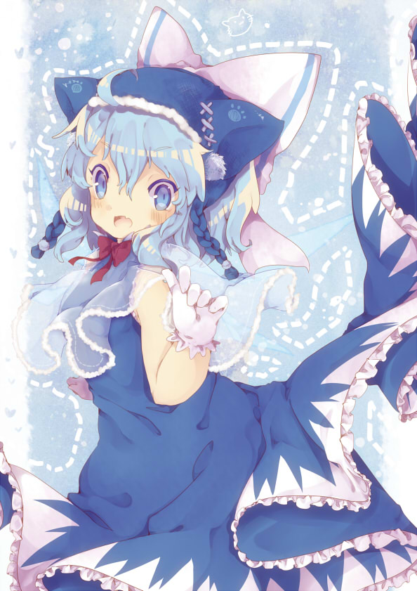 1girl adapted_costume bad_id bad_pixiv_id blue_dress blue_eyes blue_hair blush bow capelet cirno dress fang female_focus gloves hair_bow hat hat_with_ears looking_at_viewer masirosu matching_hair/eyes open_mouth paw_print smile solo touhou white_gloves