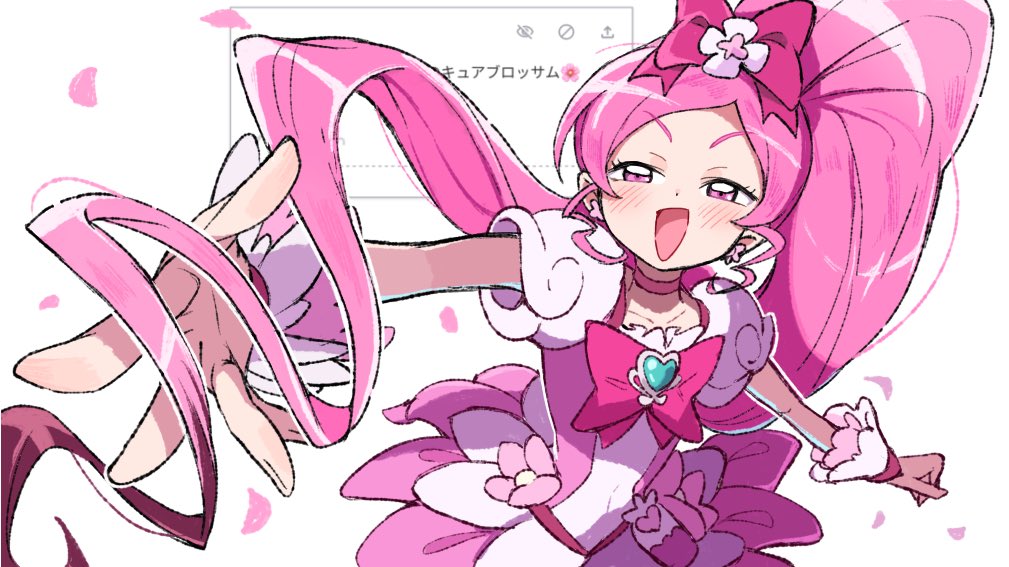 1girl bow brooch chest_bow cure_blossom dress foreshortening hair_bow hanasaki_tsubomi heart heart_brooch heartcatch_precure! jewelry long_hair magical_girl odaibako open_mouth outstretched_arm petals pink_dress pink_eyes pink_hair pink_petals ponytail precure puffy_sleeves shiro_srmsk solo very_long_hair wavy_hair wavy_sidelocks white_background wrist_cuffs