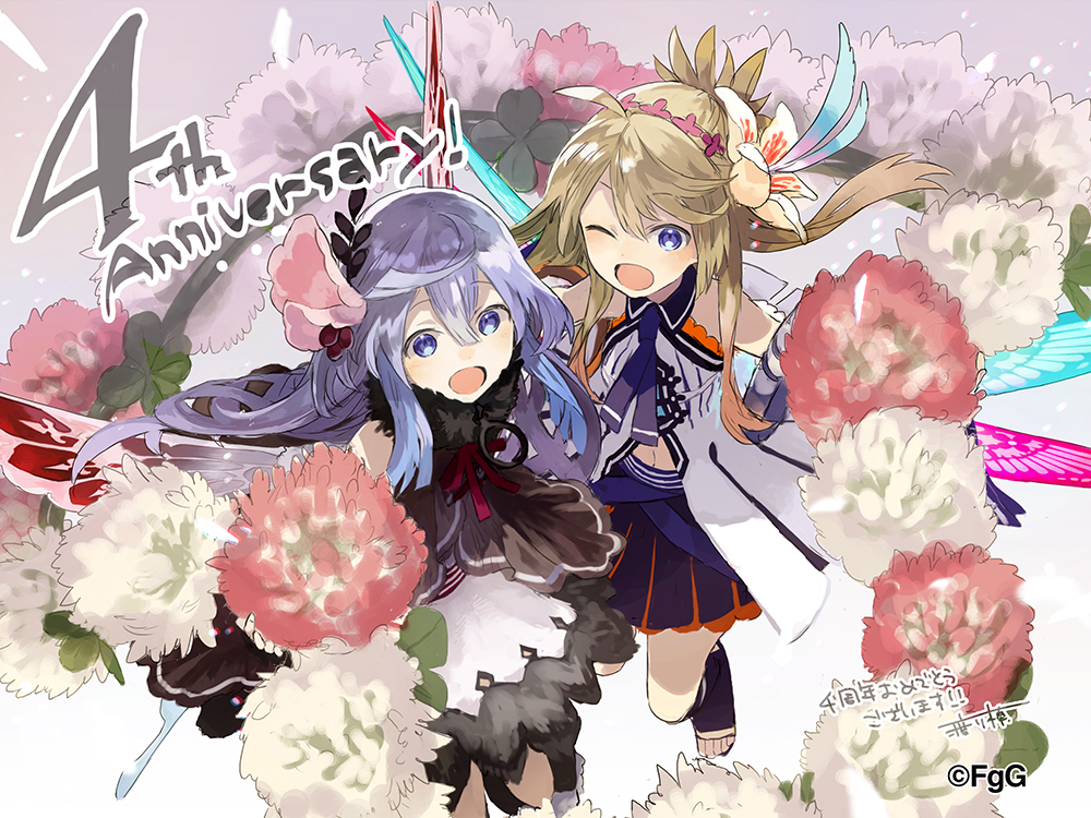 2girls blue_eyes dress dulyn fairy flower full_body grey_hair hair_flower hair_ornament long_hair midriff multiple_girls off_shoulder one_eye_closed open_mouth phantom_of_the_kill shoes skirt watarubou