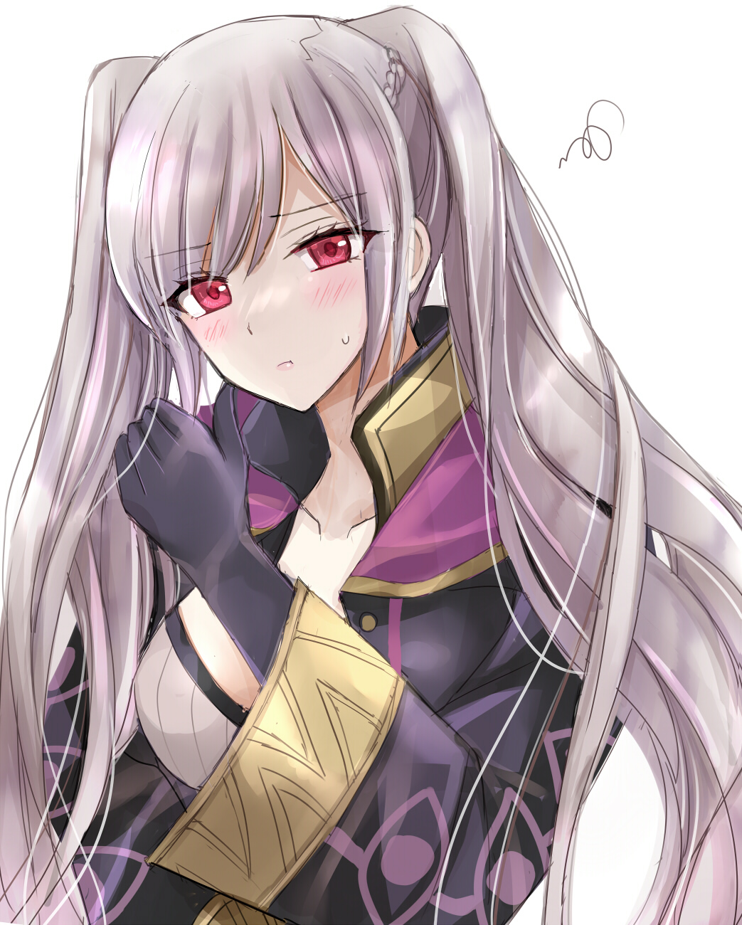 1girl arm_up black_gloves black_jacket breasts collared_jacket commentary_request elbow_gloves eye_print fire_emblem fire_emblem_awakening gloves gold_collar gold_sleeve_cuffs grima_(fire_emblem) highres jacket kirishima_riona long_hair long_sleeves medium_breasts nintendo open_clothes open_jacket red_eyes robin_(female)_(fire_emblem) robin_(fire_emblem) shirt strapless strapless_shirt sweatdrop swept_bangs swirl twintails upper_body very_long_hair white_hair white_shirt wide_sleeves