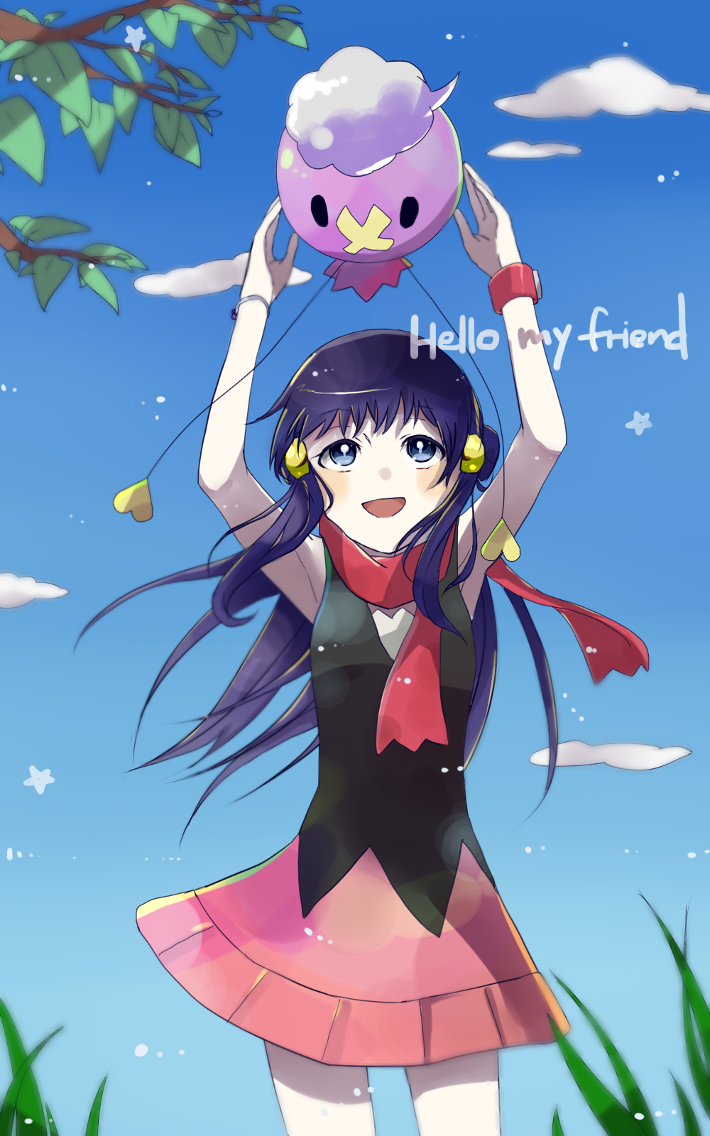 1girl :d blue_hair blush bracelet cowboy_shot creatures_(company) dawn_(pokemon) day drifloon game_freak gen_4_pokemon hair_ornament hands_up highres holding jewelry long_hair nintendo open_mouth outdoors player_character pokemon pokemon_(creature) pokemon_dppt rifu_(hunihuni1130) rifu_(rif_rif) scarf skirt sky sleeveless smile watch wristwatch