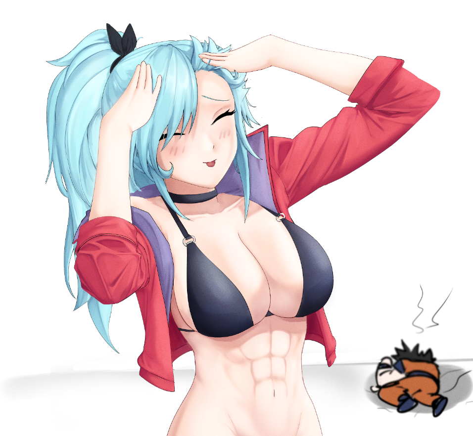 1boy 1girl abs ah_eto..._bleh_(meme) akeno(itsnafulol) akihitoevon arms_up bikini bikini_top_only black_hair blue_hair breasts choker cleavage collar collarbone cropped_jacket defeat evonakihito hair_between_eyes hair_over_one_eye hair_ribbon hand_on_own_head jacket large_breasts meme muscular muscular_female ponytail red_jacket ribbon rolled_sleeves son_goku swimsuit tongue tongue_out