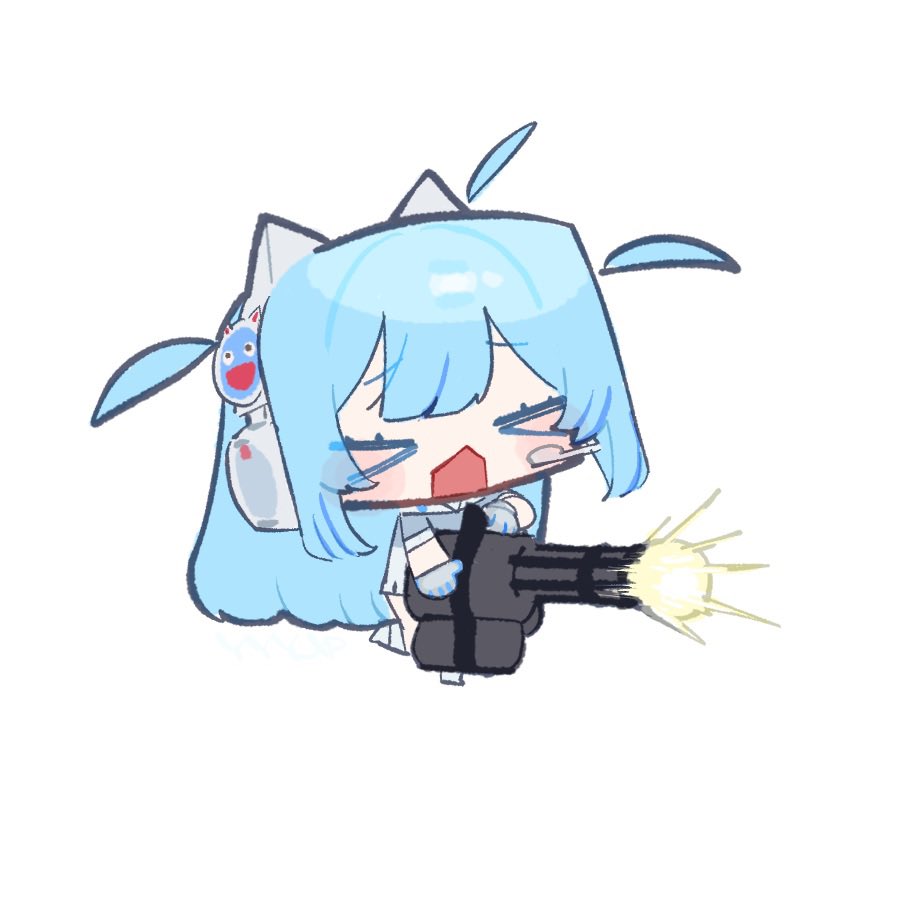 &gt;_&lt; 1girl animal_ear_headphones blue_hair blush_stickers chibi dress fake_animal_ears firing gatling_gun gloves goddess_of_victory:_nikke grey_dress grey_gloves hair_between_eyes headphones headset holding light_blue_hair long_hair open_mouth shifty_(nikke) short_sleeves solo weapon yuusuke_(yyy_xp)