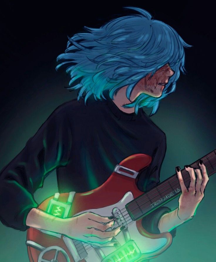 1boy black_background black_jacket blue_hair jacket long_hair music musical_note musician sal_fisher sally_face solo