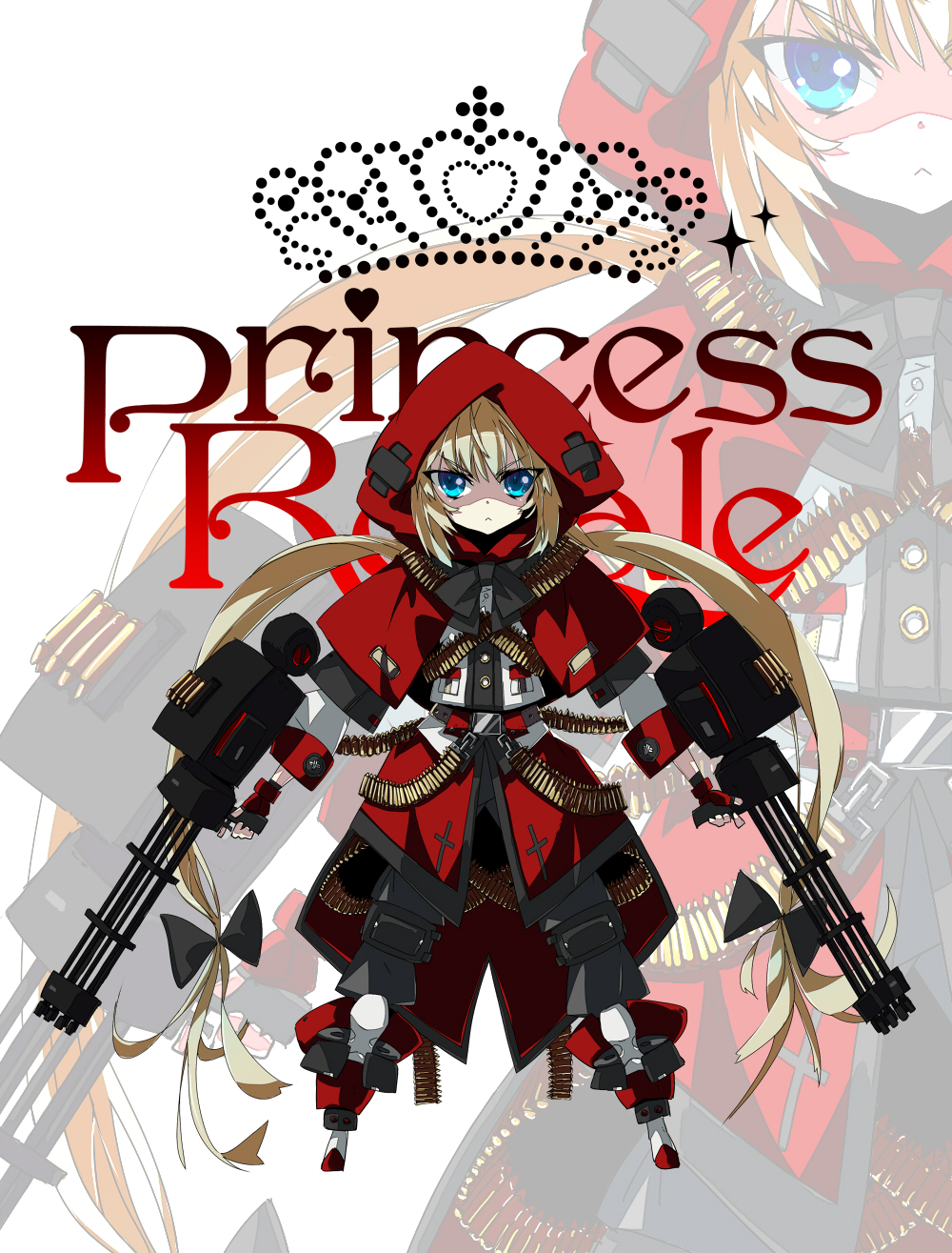 1girl blonde_hair blue_eyes copyright_name dual_wielding female_focus grimm&#039;s_fairy_tales gun highres holding hood little_red_riding_hood long_hair machine_gun magazine_(weapon) page_(page1555) princess_royale solo trigger_discipline twintails weapon