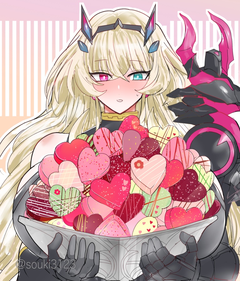 1girl armor barghest_(fate) barghest_(second_ascension)_(fate) blonde_hair blush bowl cookie fate/grand_order fate_(series) food gauntlets green_eyes happy_valentine heterochromia long_hair red_eyes shoulder_armor souki3123 valentine