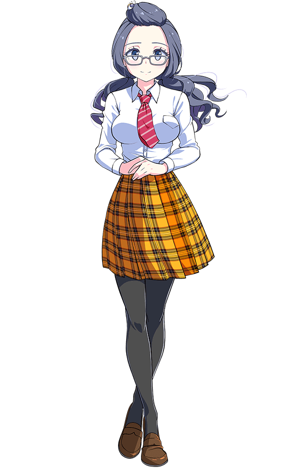 1girl black_hair black_pantyhose brown_footwear collared_shirt full_body loafers long_hair looking_at_viewer magicami miniskirt necktie non-web_source official_art okada_marianne orange_skirt own_hands_together pantyhose photoshop_(medium) plaid_clothes plaid_skirt pleated_skirt rectangular_eyewear school_uniform shirt shirt_tucked_in shoes simple_background skirt smile solo standing striped_necktie white_background white_shirt