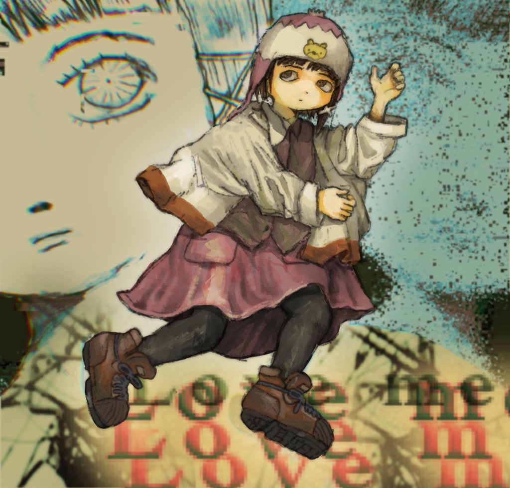 1girl beanie brown_eyes brown_hair dress full_body hat iwakura_lain jacket plastiboo serial_experiments_lain shoes solo