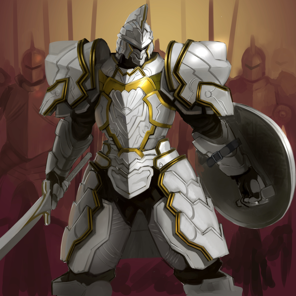 armor breastplate damegane full_armor gauntlets helmet holding holding_sword holding_weapon leg_armor original pauldrons plate_armor shield shoulder_armor simple_background sword weapon