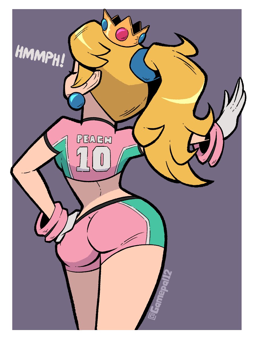 1girl ass blonde_hair breasts crop_top crown from_behind gamepal gloves long_hair mario_(series) mario_strikers_(series) nintendo ponytail princess_peach short_shorts short_sleeves shorts super_mario_strikers