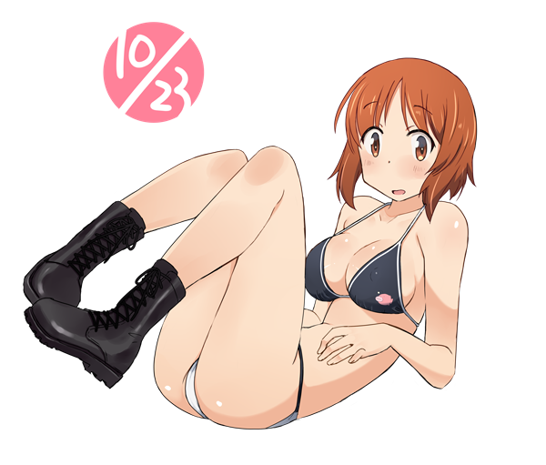 1girl anglerfish bikini black_bikini black_footwear blush boots breasts brown_eyes brown_hair combat_boots commentary cross-laced_footwear dated emblem fish floating girls_und_panzer katatsuka_kouji knees_up lace-up_boots looking_at_viewer medium_breasts mismatched_bikini nishizumi_miho open_mouth short_hair simple_background solo string_bikini swimsuit white_background white_bikini