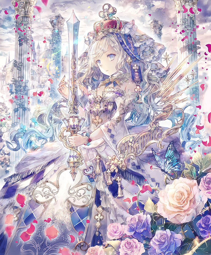 1girl architecture blue_eyes breasts bug butterfly church closed_mouth cloud cloudy_sky column crown detached_collar detached_sleeves dress earrings falling_petals flower hemera_(shadowverse) holding holding_sword holding_weapon insect jewelry leaf long_hair looking_at_viewer official_art onineko outdoors petals pillar pink_flower plant purple_flower shadowverse sky sleeveless sleeveless_dress small_breasts smile solo standing strapless strapless_dress sword thorns vines weapon white_dress white_hair wide_sleeves