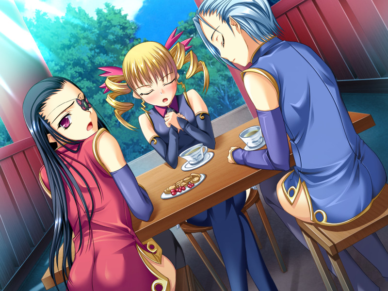 3girls black_hair blonde_hair blue_hair closed_eyes eyepatch game_cg hikage_eiji kakouen kakouton_genjou_(koihime) koihime_musou multiple_girls pink_eyes sousou_moutoku_(koihime) table