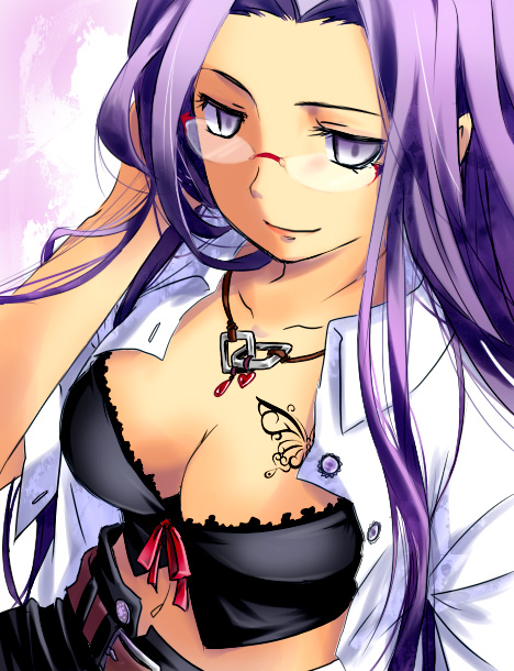 00s 1girl belt breasts cleavage downblouse fate/stay_night fate_(series) female_focus glass glasses hand_in_own_hair jewelry kiri_nada medusa_(fate) medusa_(rider)_(fate) midriff navel necklace purple_eyes purple_hair solo tattoo