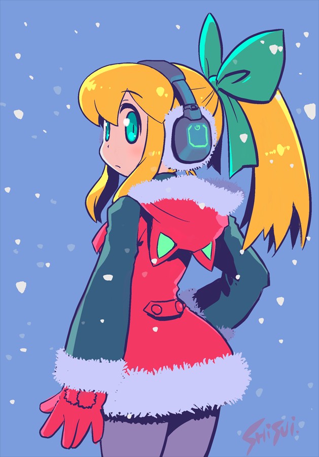 1girl blonde_hair capcom coat from_behind gloves green_eyes headphones hood hood_down looking_at_viewer looking_back mega_man_(classic) mega_man_(series) ponytail ribbon robot roll_(mega_man) shisui skirt snow