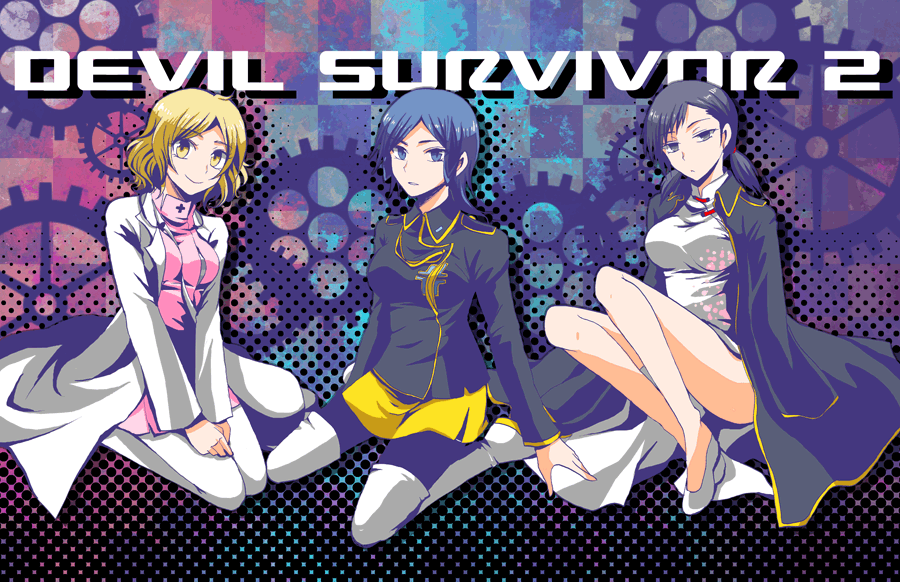 10s 3girls black_hair black_theme blue_eyes blue_hair breasts copyright_name devil_survivor_2 gears hasumi_hiko kanno_fumi devil_survivor multiple_girls pantyhose sako_makoto short_hair smile thighhighs yanagiya_otome yellow_eyes