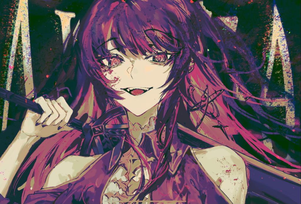 1girl arcaea bare_shoulders black_background blood blood_on_face brooch clothing_cutout collared_shirt colored_eyelashes colored_inner_hair commentary_request earrings high_collar holding holding_sword holding_weapon hoop_earrings jewelry layered_shirt long_sleeves mir_(arcaea) multicolored_hair nail_polish one_side_up open_mouth over_shoulder pink_eyes pink_hair purple_hair purple_nails purple_shirt schwarzald shirt shoulder_cutout single_sidelock smile solo star_(symbol) star_earrings sword teeth upper_body upper_teeth_only weapon weapon_over_shoulder white_shirt