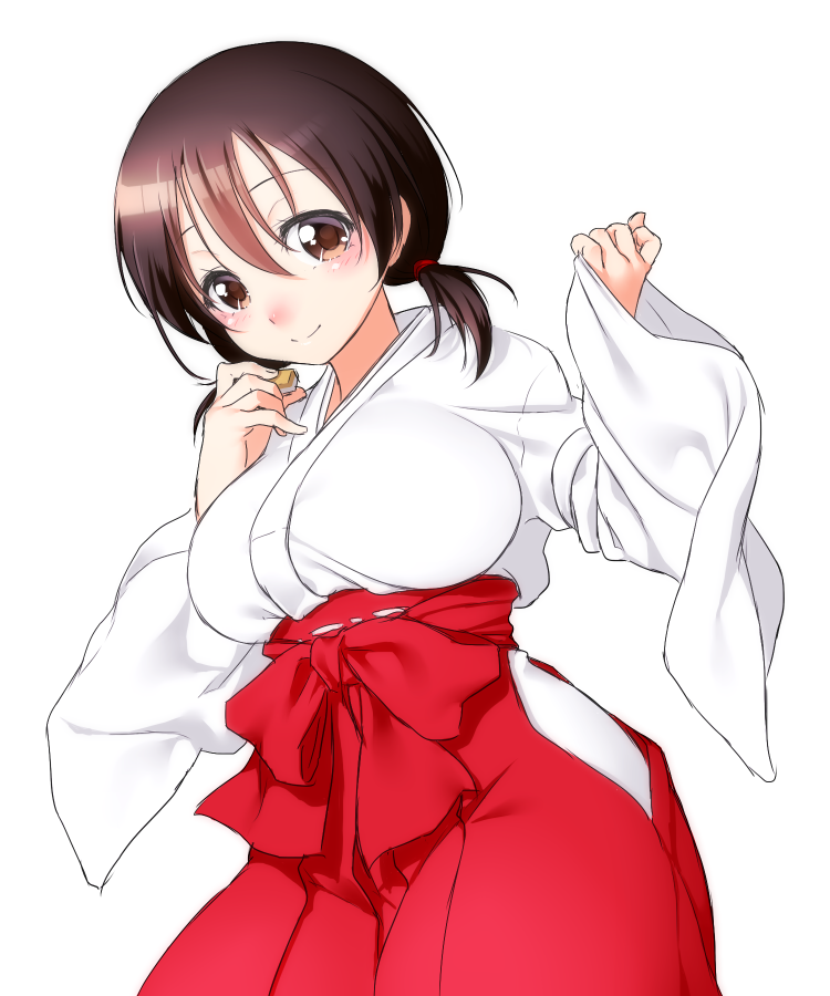 1girl black_hair blush breasts brown_eyes female_focus hakama hakama_skirt japanese_clothes jindai_komaki large_breasts miko onsoku_inu red_hakama saki_(manga) short_hair short_twintails skirt smile solo twintails wide_sleeves