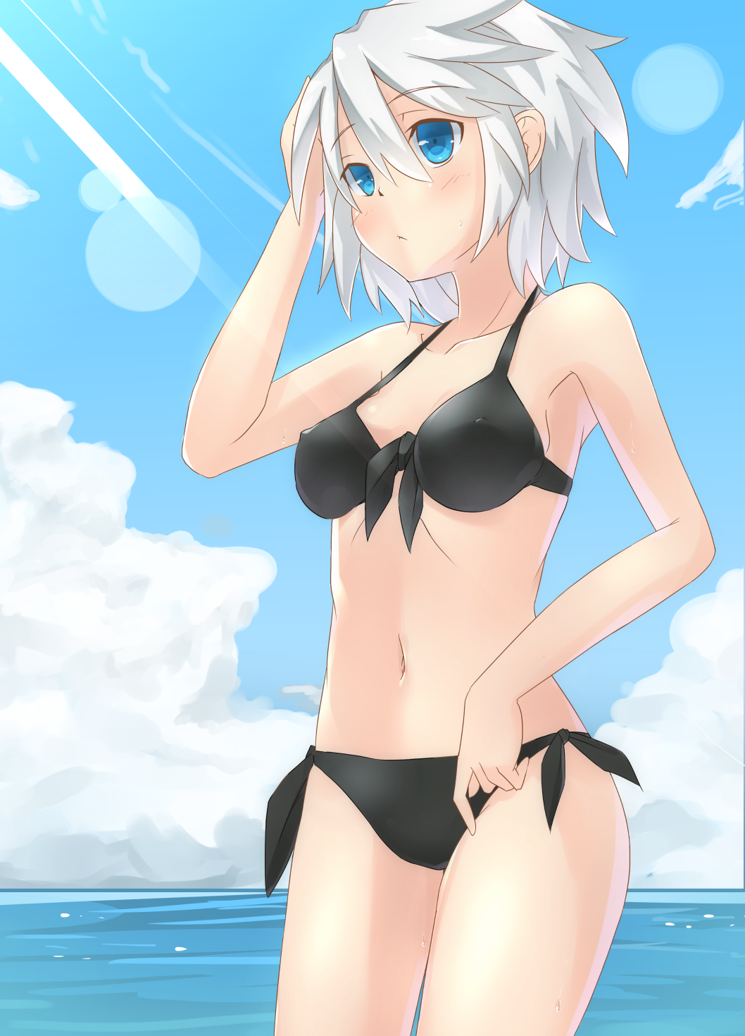 1girl beach bikini black_bikini blue_eyes day female_focus highres ocean original outdoors sakurea short_hair silver_hair solo swimsuit water