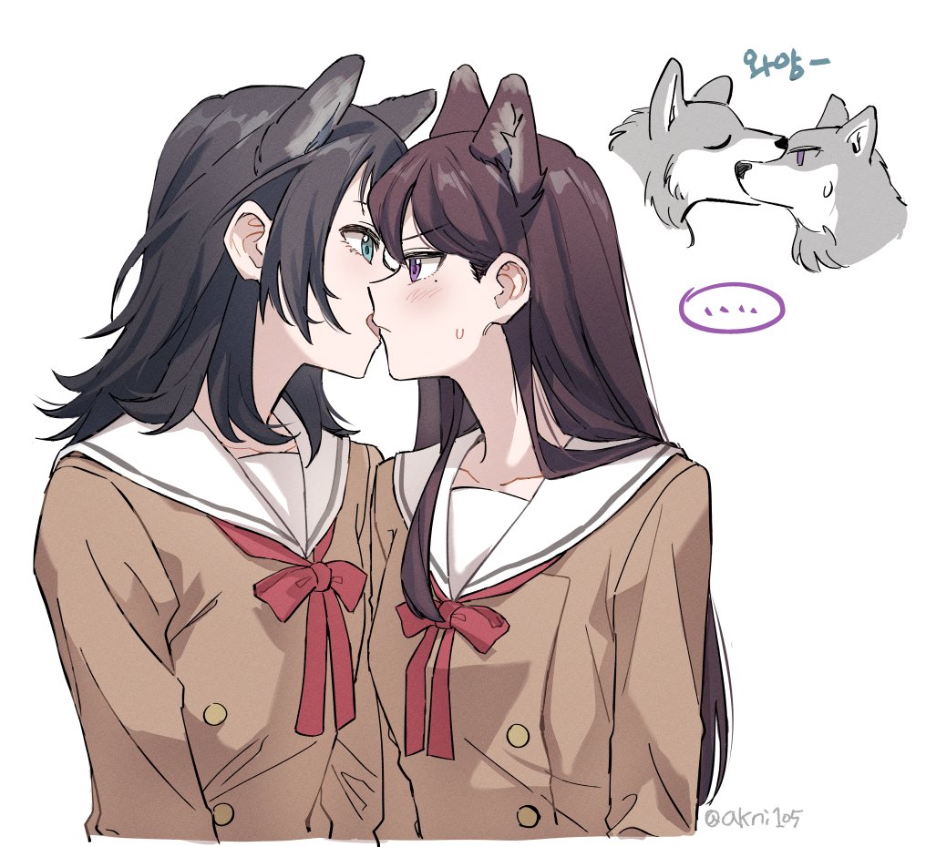 2girls akni animal_ears bang_dream! bang_dream!_it&#039;s_mygo!!!!! black_hair blue_eyes blush brown_dress brown_hair closed_mouth commentary_request dress hanasakigawa_school_uniform kemonomimi_mode korean_commentary licking licking_another&#039;s_face long_hair mole mole_under_eye multiple_girls neck_ribbon purple_eyes red_ribbon ribbon sailor_collar sailor_dress school_uniform shiina_taki simple_background sweatdrop twitter_username upper_body white_background white_sailor_collar wolf_ears wolf_girl yahata_umiri yuri